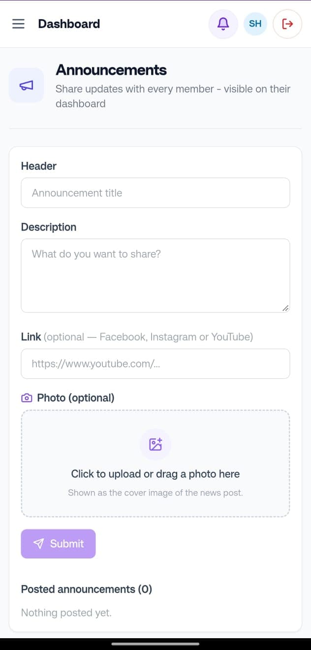 Client Data Management: Announcements screen