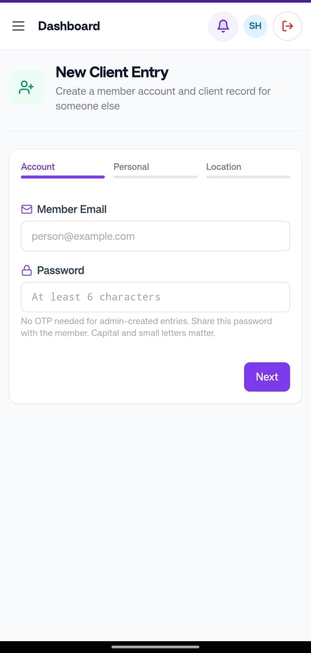 Client Data Management: New client entry screen