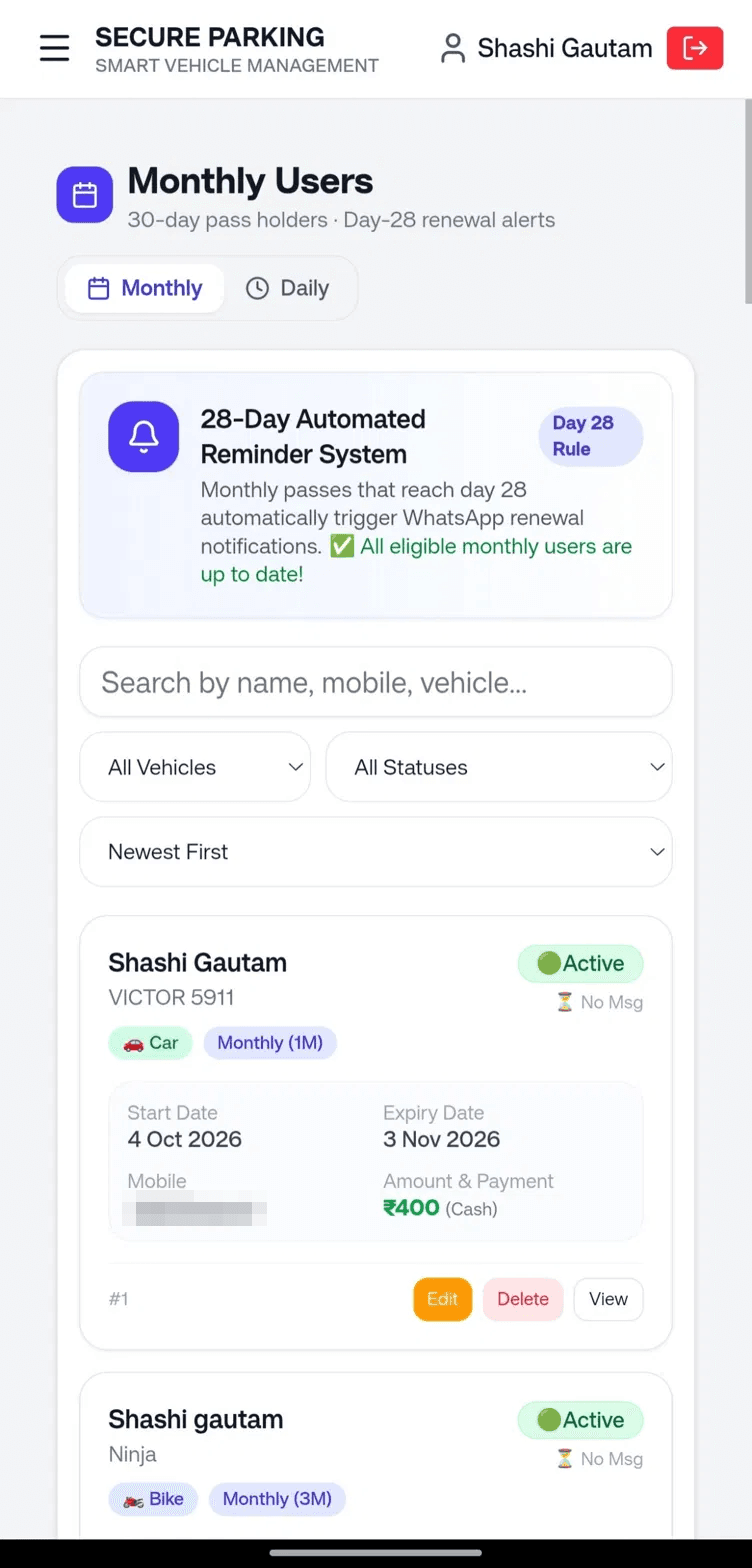 Secure Parking Management: Monthly users screen