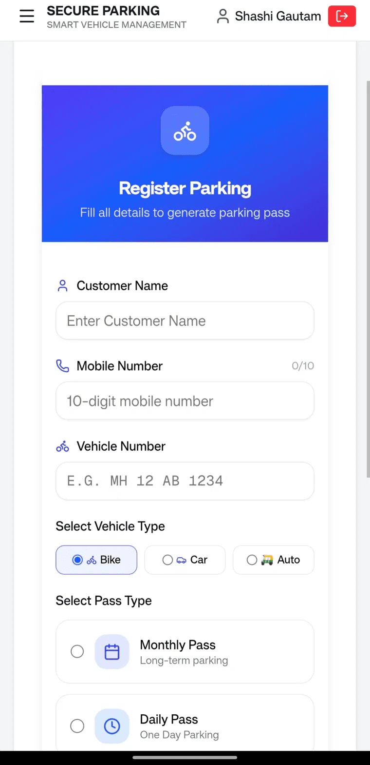 Secure Parking Management: Register parking screen